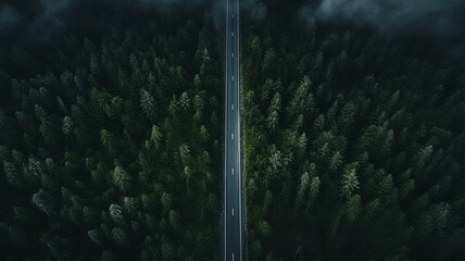 aerial view of a road through a forest.