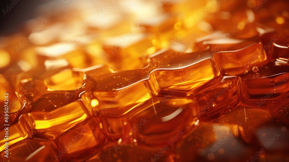 Poster a close up view of a bunch of honey cubes on a table with a blurry image of the honey cubes in the b