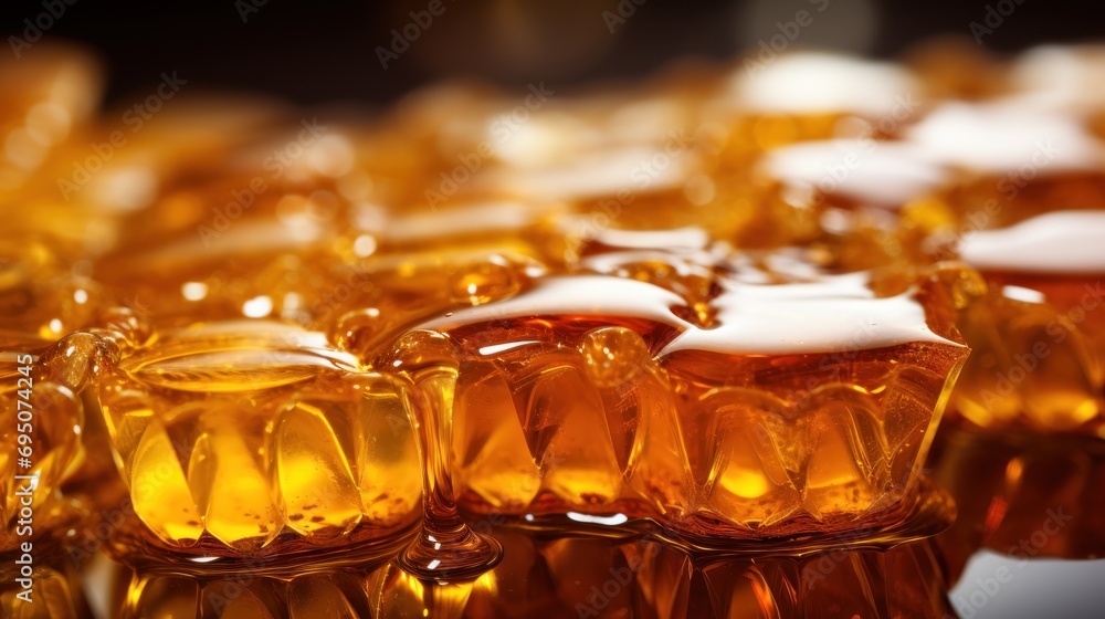 Poster a close up view of a group of glass cups with liquid on the top of the cups and on the bottom of the
