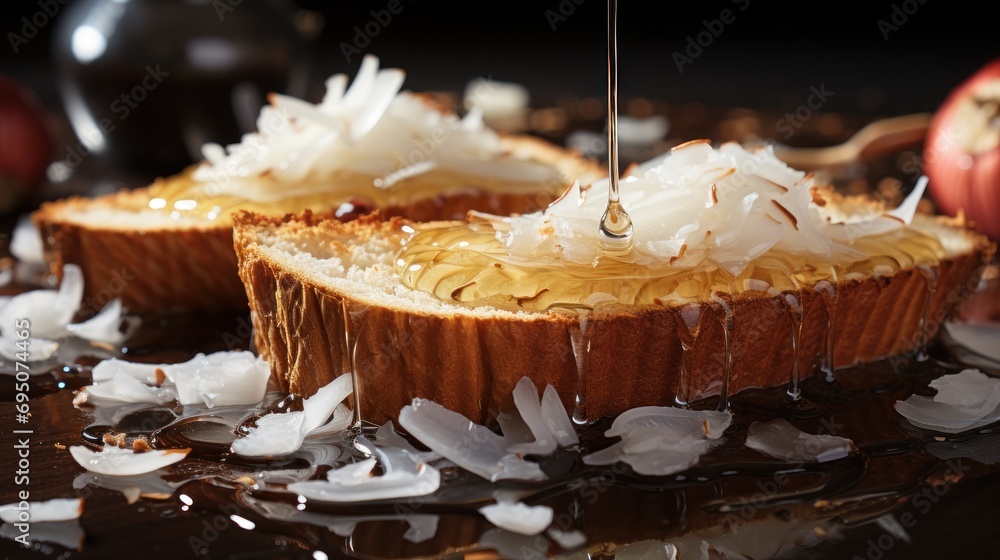 Poster a close up of a cupcake with icing and coconut on a table with other dessert items in the background