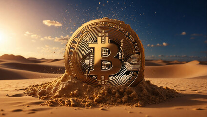 Big Bitcoin is in the sand of the desert - obrazy, fototapety, plakaty