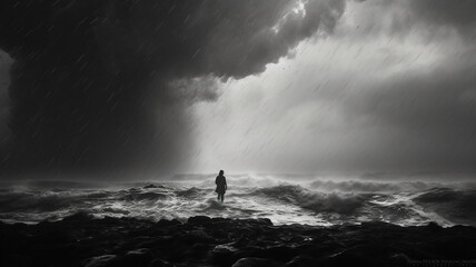 man with long hair in dark storm waves.