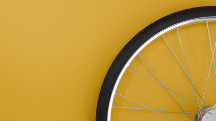 Bicycle wheel on yellow background. 3D rendering.