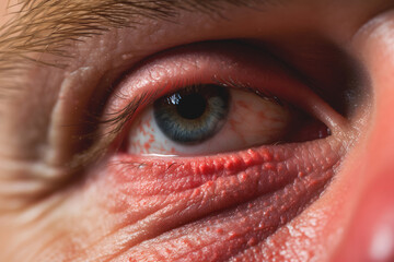 Eye of sick man with red allergic reaction on facial skin close up. Seasonal skin problem due allergy.