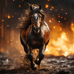 Fiery image of a horse against the backdrop of a blazing fire, Concept: emphasizing strength and steadfastness. The animal gallops, powerful hooves kicking out dirt and dust
