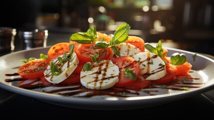  a plate of tomatoes, mozzarella, and mozzarella with a drizzle of brown sauce.