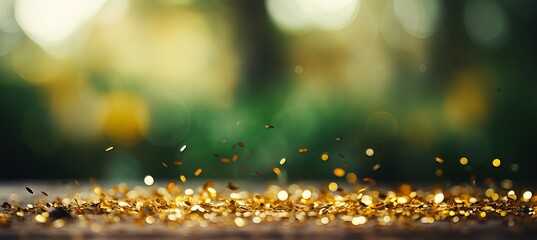 Golden yellow and emerald green glitter lights bokeh background for festive occasions
