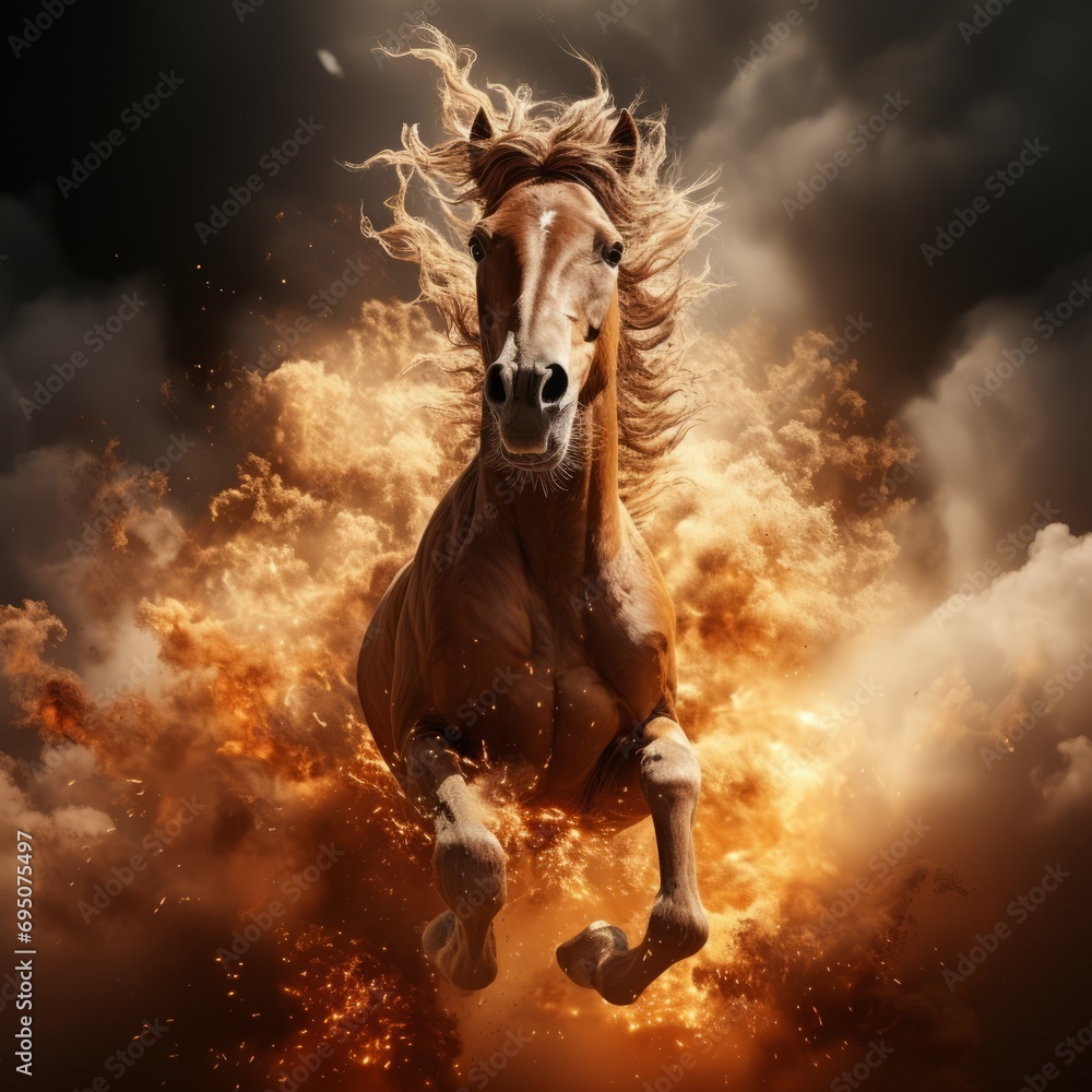 Poster fiery image of a horse against the backdrop of a blazing fire, concept: emphasizing strength and ste