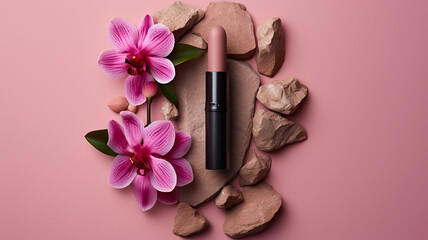 rose lipstick on a white background with pink flowers