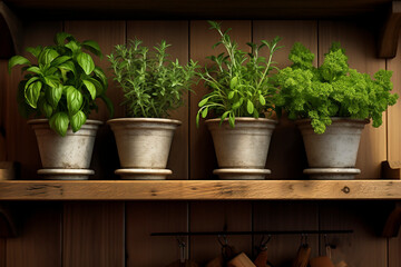Pots with fresh green herbs on a wooden shelf