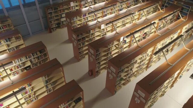 University library, aerial footage, tow down angle, jk01