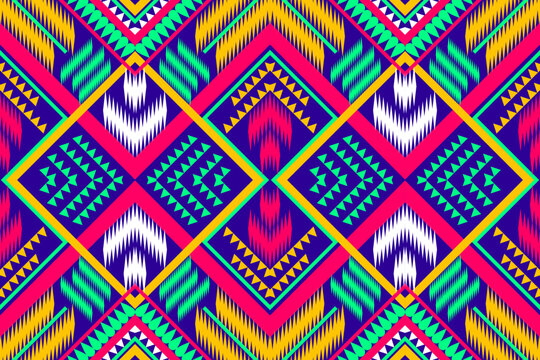 Seamless design pattern, tribal geometric pattern. Blue Green Yellow White Pink vector illustration design abstract fabric pattern, tribal style for prints, textiles, wallpaper, carpet