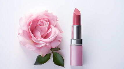 Obraz na płótnie Canvas beautiful lipstick with rose on white marble background