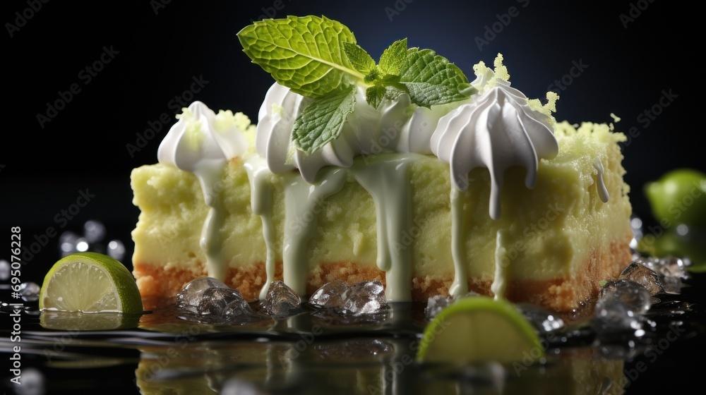 Aufkleber a piece of cake sitting on top of a table covered in icing and limes next to a slice of lime.