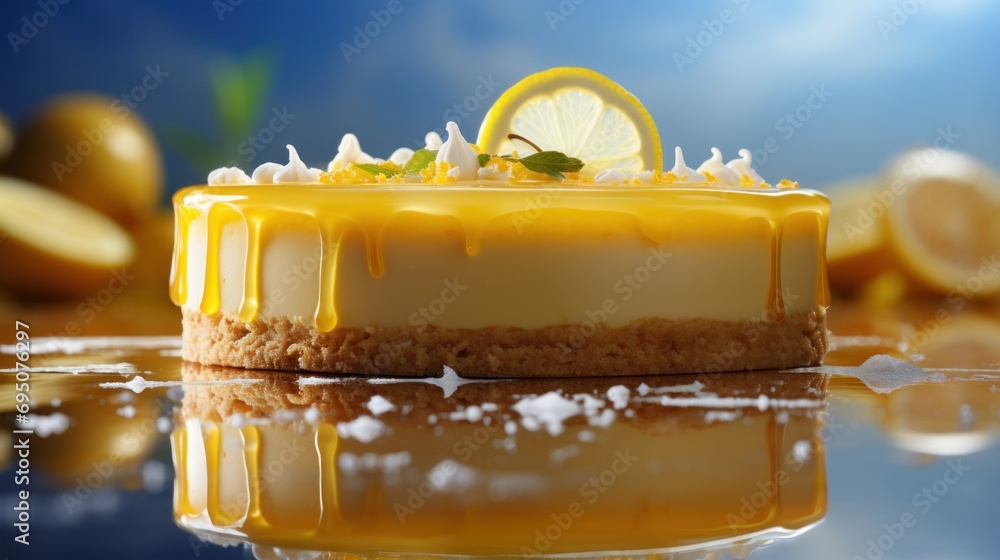 Poster a piece of cake sitting on top of a table covered in icing and a slice of lemon on top of it.