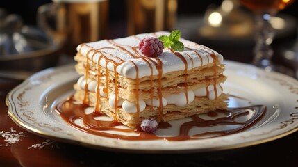  a white plate topped with a piece of cake covered in icing and a raspberry on top of it.