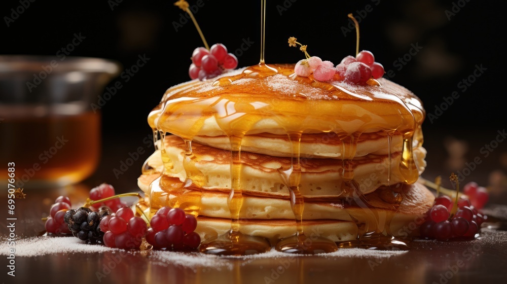 Poster a stack of pancakes with syrup drizzled on top of them with berries and syrup drizzled on top of the