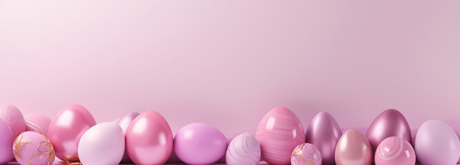 Banner with pink colored eggs on a pink background, generative AI