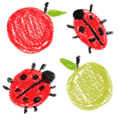 Hand-drawn ladybug and apples. White background. Isolated. Pencil technique. For card and banner © Irina