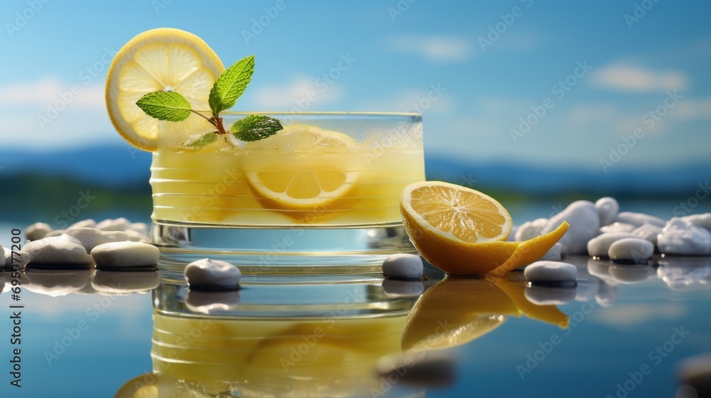 Aufkleber a glass of lemonade sitting on top of a table next to a slice of lemon and a slice of lime.