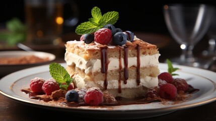  a piece of cake sitting on top of a white plate covered in berries and whipped cream and drizzled with chocolate.
