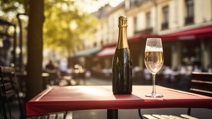 Generative AI, glass of champagne and bottle on wooden table with blur background with lights of street bar, cafe, coffee shop or restaurant, drink mock up - obrazy, fototapety, plakaty