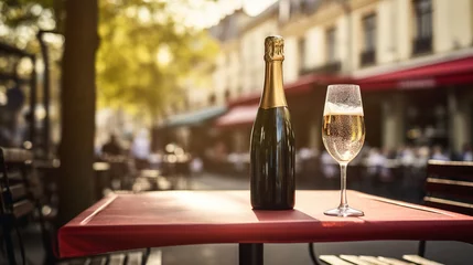 Fotobehang Generative AI, glass of champagne and bottle on wooden table with blur background with lights of street bar, cafe, coffee shop or restaurant, drink mock up © DELstudio
