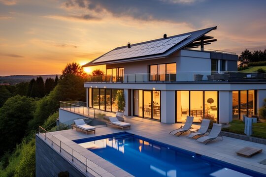 Beautiful house with solar panels on the roof under a bright sky. Sustainable and clean energy at a new eco friendly home.