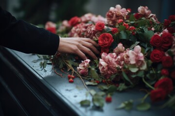 Funeral Scene: Dimly Lit Dark Casket with Red Flowers, Aged Hand - obrazy, fototapety, plakaty