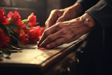 Dark Coffin with Red Floral Tribute, Elderly Hand in Mourning - obrazy, fototapety, plakaty
