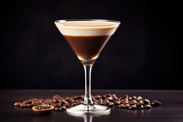 A glass containing a coffee-infused cocktail, elegantly displayed against a dark, sultry backdrop, beckoning you to indulge in its decadent flavors - obrazy, fototapety, plakaty