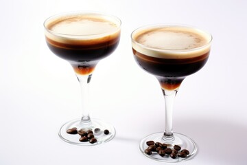 A delectable coffee-based cocktail in a glass, showcased on a pale coffee-hued surface, inviting indulgence