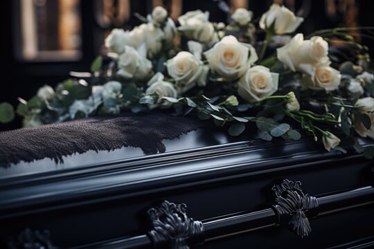 Final Farewell: Black Casket Adorned with White Flowers, Funeral Ceremony