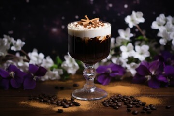A glass containing a coffee-infused cocktail, elegantly showcased against a dark, moody backdrop, inviting you to savor its flavors