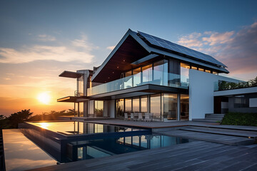 Beautiful house with solar panels on the roof under a bright sky. Sustainable and clean energy at a new eco friendly home.