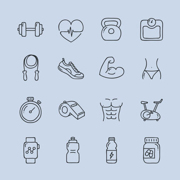 Ic&ocirc;nes &eacute;l&eacute;gants Sport et Sant&eacute;. Musculation, Cardio, Chrono, Poids, Corde &agrave; sauter, Balance, Coeur. Vecteurs