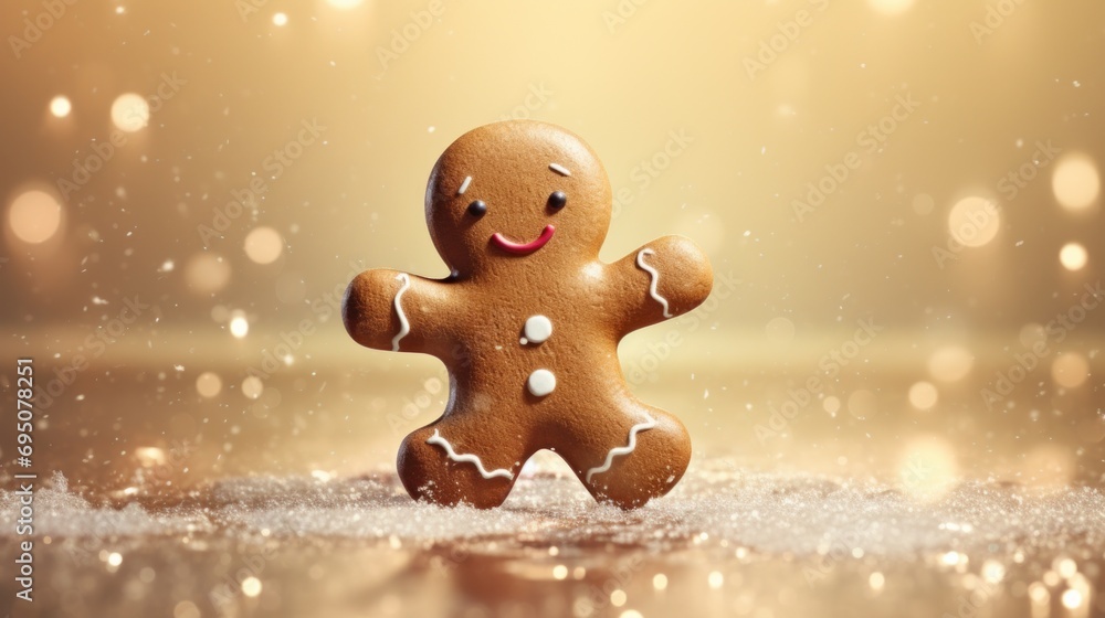 Poster a close up of a ginger with a smile on it's face and a snowflakes in the background.
