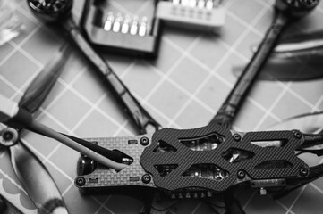 black and white photo, Frame, FPV racing drone frame, assembly, soldering, for the armed forces of...