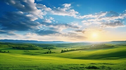 Obraz premium beautiful green meadow at sunrise in summer, colorful morning landscape wide panorama