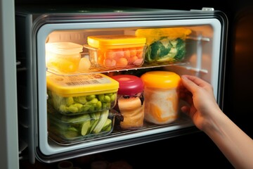 Refrigerator find Retrieving a food container from the fridge for a meal
