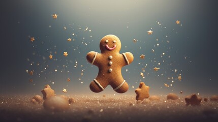  a picture of a ginger in the air with a smile on it's face, surrounded by stars and confetti.