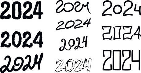 Set of 2024 year handwriting font. White background. Isolated typography horizontal text. Vector