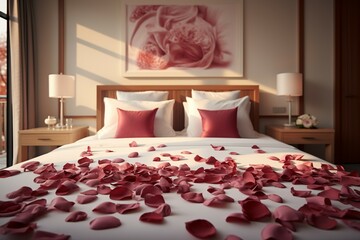Romantic ambiance Rose petals scattered on a bed in a hotel room