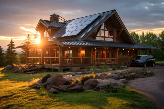 Beautiful house with solar panels on the roof under a bright sky. Sustainable and clean energy at a new eco friendly home.