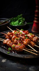  a plate of chicken skewers with sauce and green onions on a black plate next to a bowl of greens.