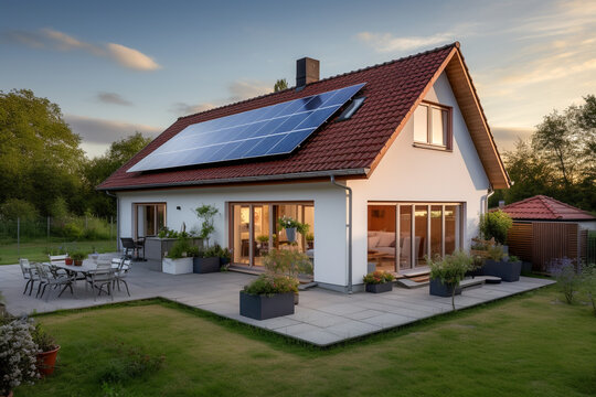 Beautiful house with solar panels on the roof under a bright sky. Sustainable and clean energy at a new eco friendly home.