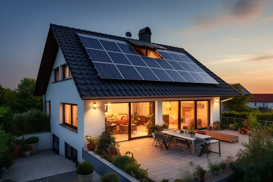 Beautiful house with solar panels on the roof under a bright sky. Sustainable and clean energy at a new eco friendly home.