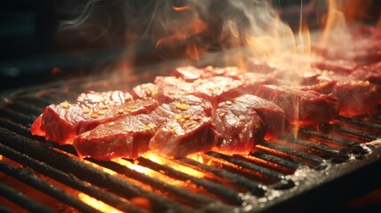  steaks being cooked on a bbq grill with smoke coming out of the top of the grill and on the bottom of the grill.