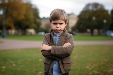 Offended upset little boy with his arms crossed posing looking at the camera