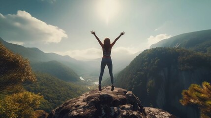 Happy young woman with arms raised jumping on mountain peak, Successful climber celebrating success on mountain peak, Hiking lifestyle concept on forest trail - obrazy, fototapety, plakaty